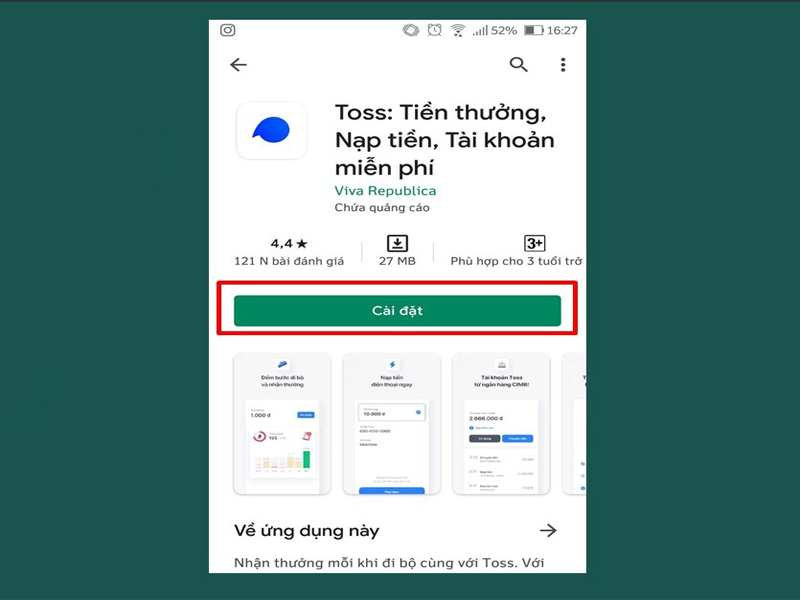 Ấn “Cài đặt” ứng dụng Toss đi bộ kiếm tiền đối với điện thoại Android